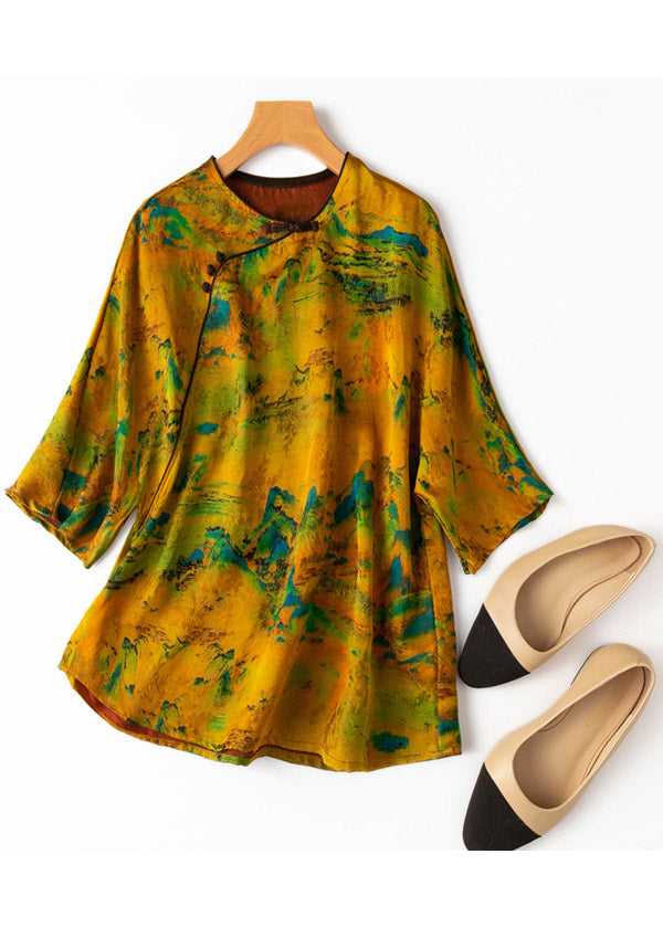 Vogue Yellow O-neck Button Print Silk T Shirt Half Sleeve