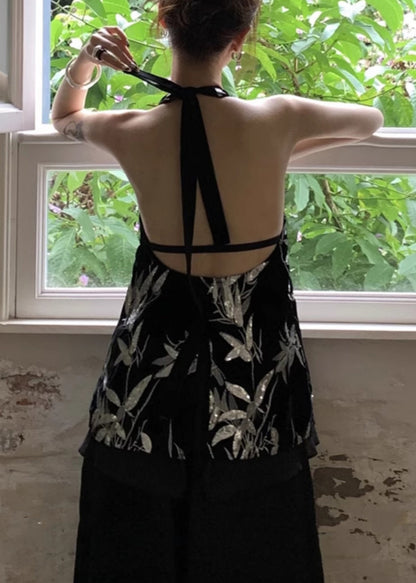 Black Lace Up Sequins Silk Velour Tank Sleeveless
