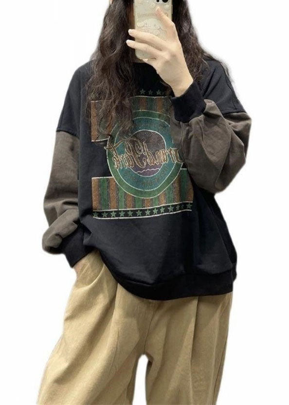 Style Black Print Cotton Sweatshirt Street Wear Spring