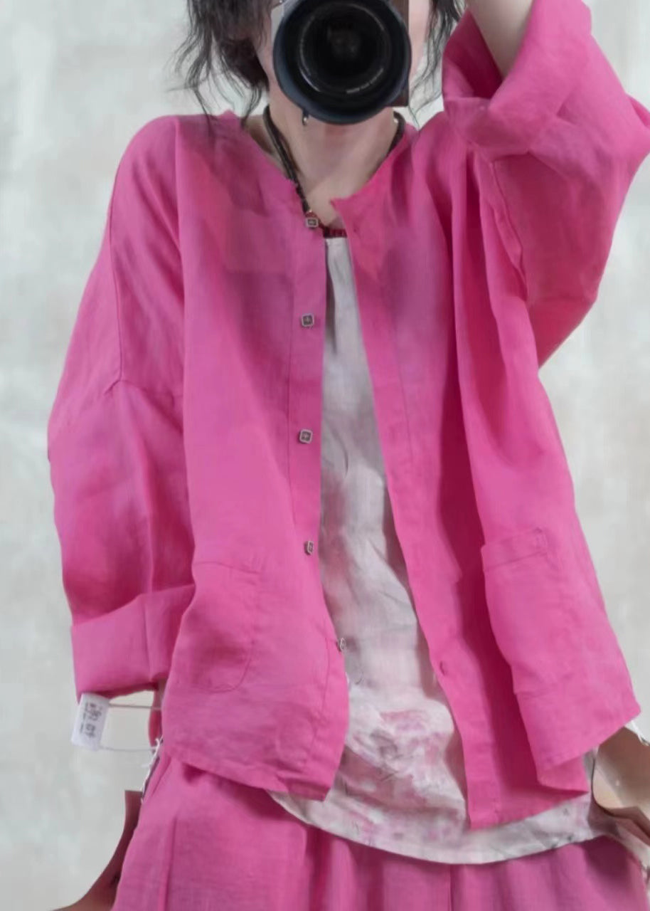 Blue O Neck Button Pockets Linen Shirt Top Spring