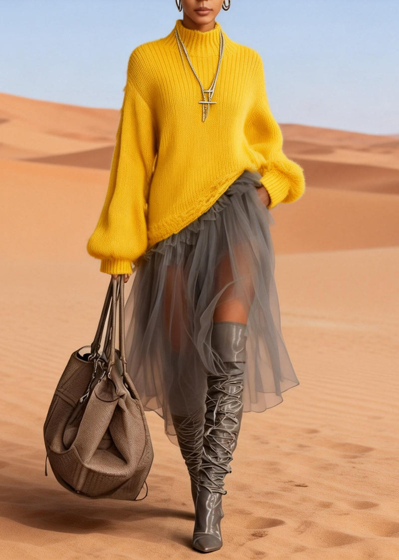 Classy Yellow Asymmetrical Patchwork Tulle Sweater Dress Winter