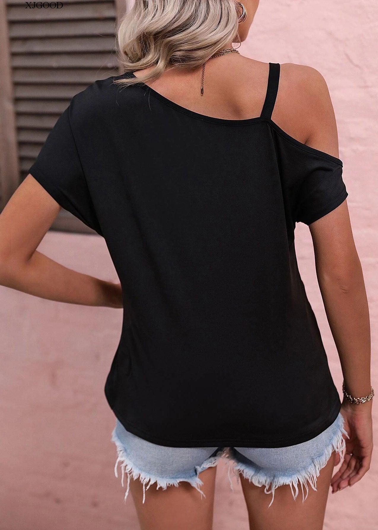 Black One Shoulder Asymmetrical Design Cotton Tanks Summer
