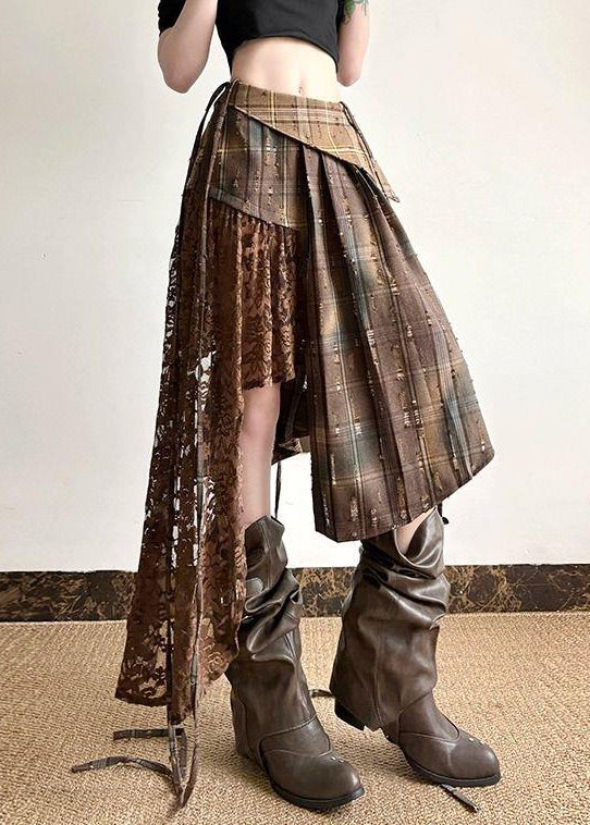 Plaid Asymmetrical Lace Patchwork Cotton Skirt Summer