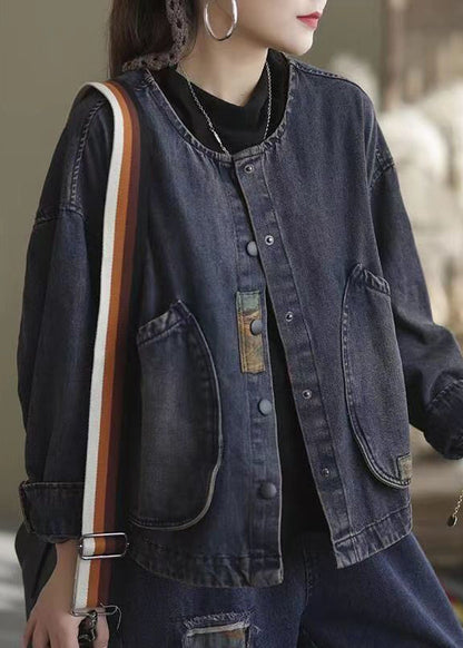 Classy Dark Blue O-neck Pockets Patchwork Denim Coats Long Sleeve