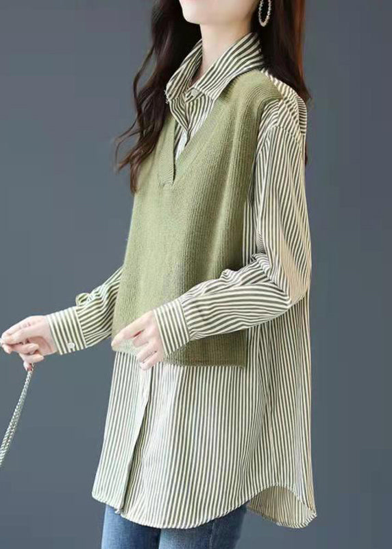 Green Button Peter Pan Collar Knit Patchwork Striped Fake Two Piece Shirt Long Sleeve