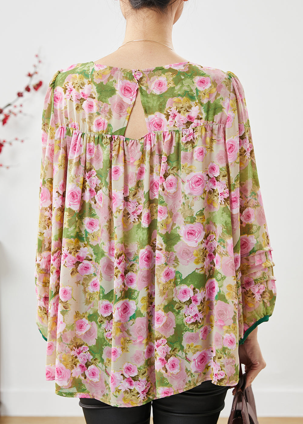 Handmade Pink Square Collar Print Chiffon Shirts Spring