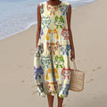 Comstylish Women's Vintage Cute Cat Art Print Linen Dress