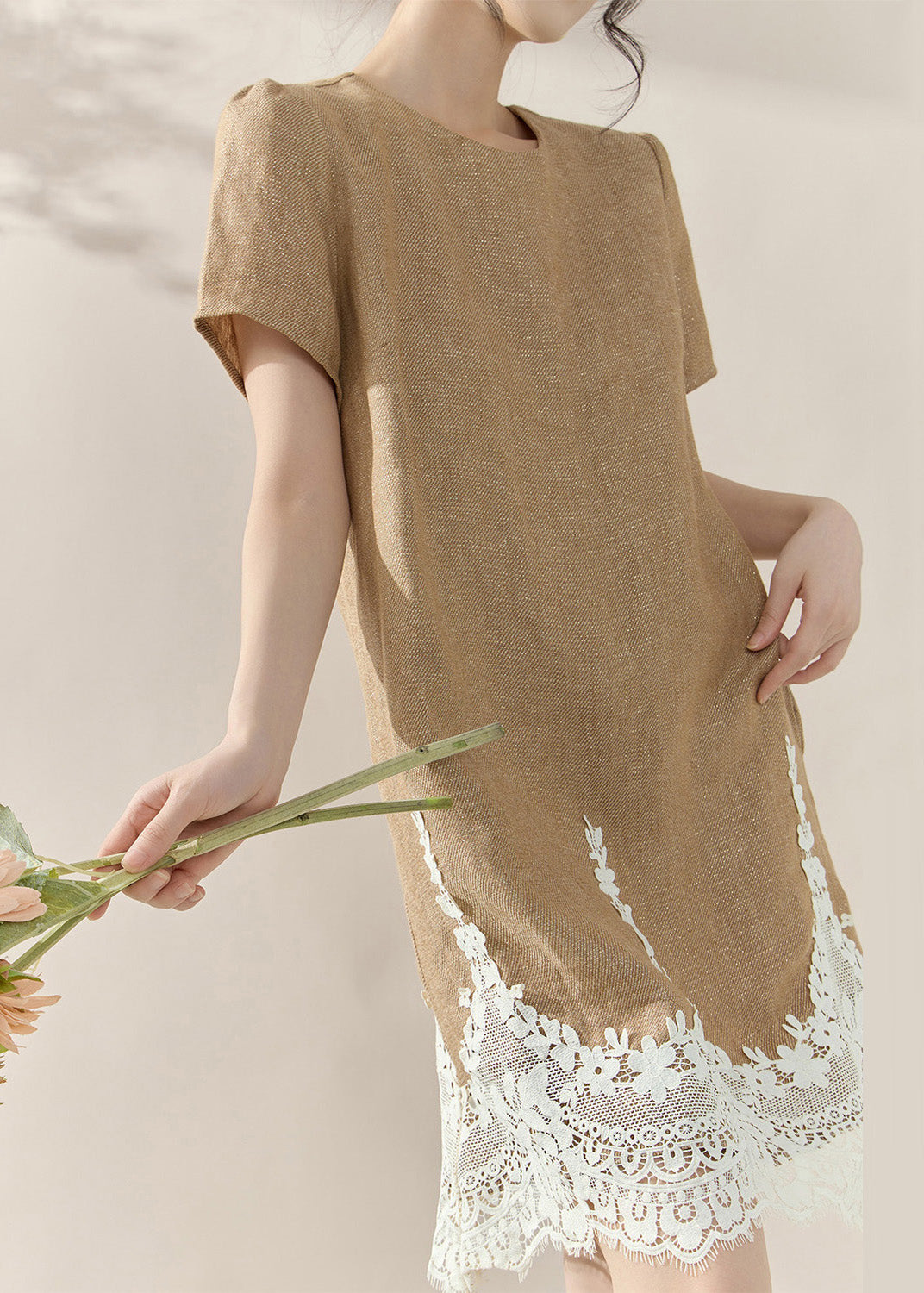 Classy Khaki O-neck Lace Patchwork Mid Dresses Summer