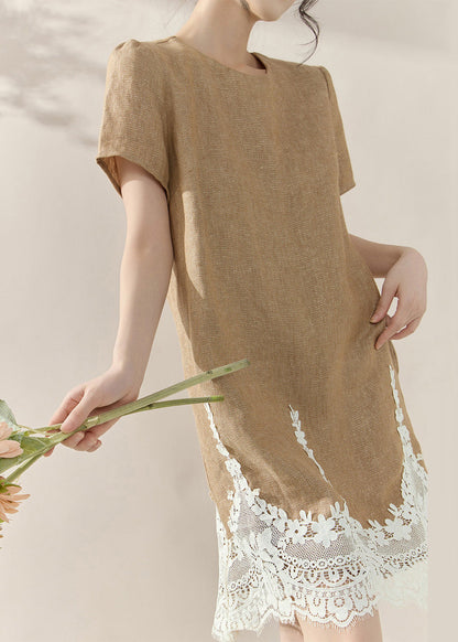 Classy Khaki O-neck Lace Patchwork Mid Dresses Summer