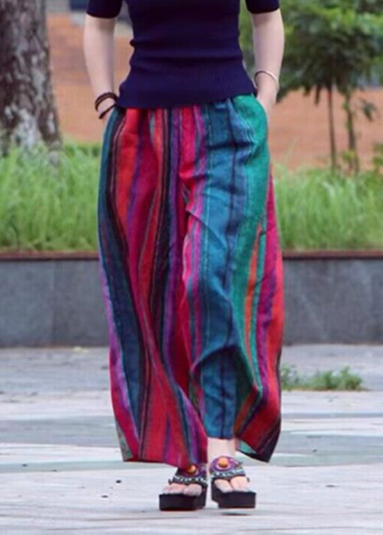 Colorblock Pockets Striped Cotton Wide Leg Pants Summer