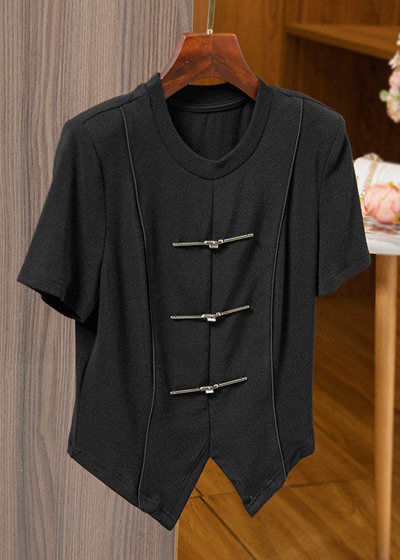 Black Asymmetrical Chinese Button Patchwork Cotton T Shirts Tops Summer