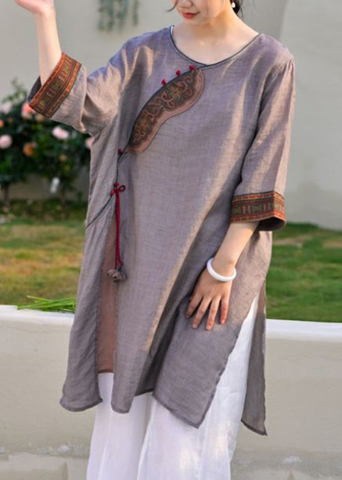 Light Purple Side Open Tasseled Linen Shirt Half Sleeve