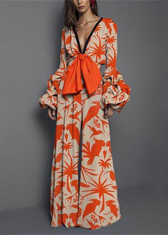 Red V Neck Print Patchwork Jumpsuits Long Sleeve Spring