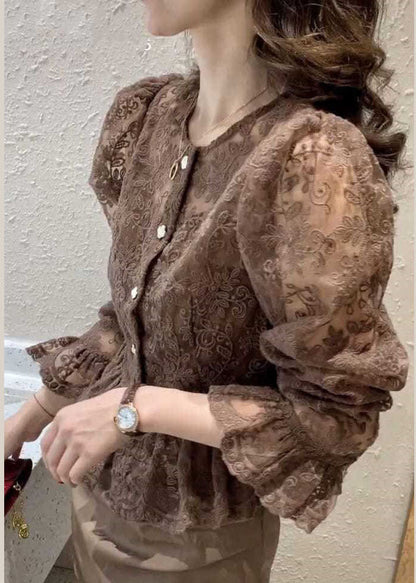 Chocolate Lace Coat Spaghetti Strap Top Sets Two Pieces Ruffled Flare Sleeve