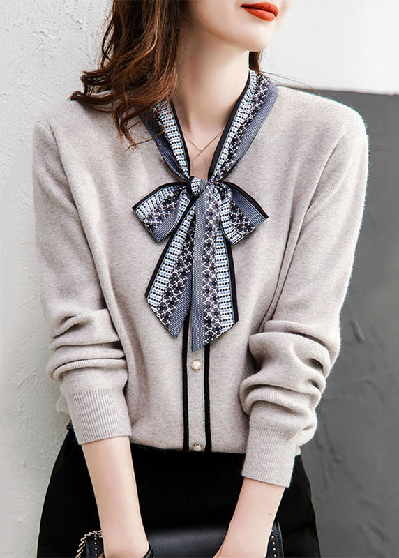 Grey Lace Up Button Patchwork Knit Sweaters Long Sleeve