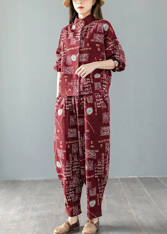 Mulberry Stand Collar Print Coats and Harem Pants Two Pieces Set Long Sleeve