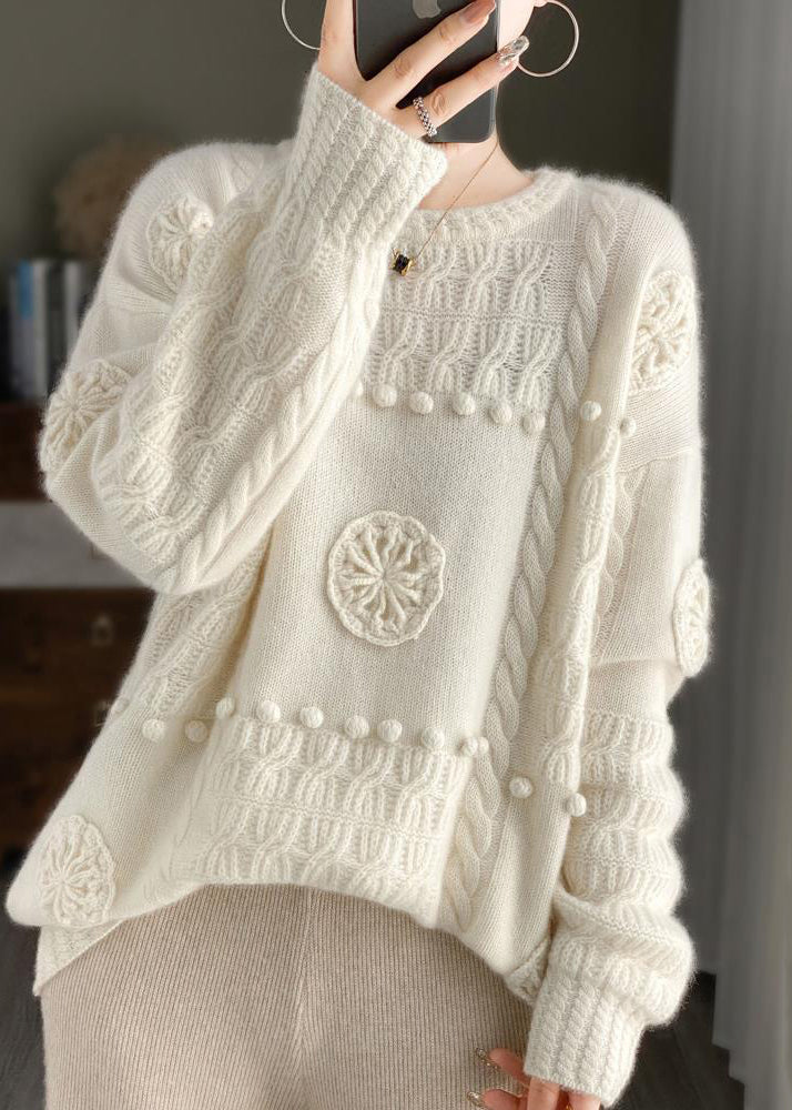 White O-neck Cozy Cashmere Knit Sweater Long Sleeve