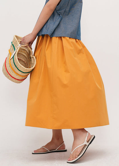 Simple Yellow Pockets Drawstring Cotton Skirt Summer