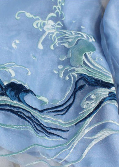 Chinese Style Blue Stand Collar Button Tops Flare Sleeve