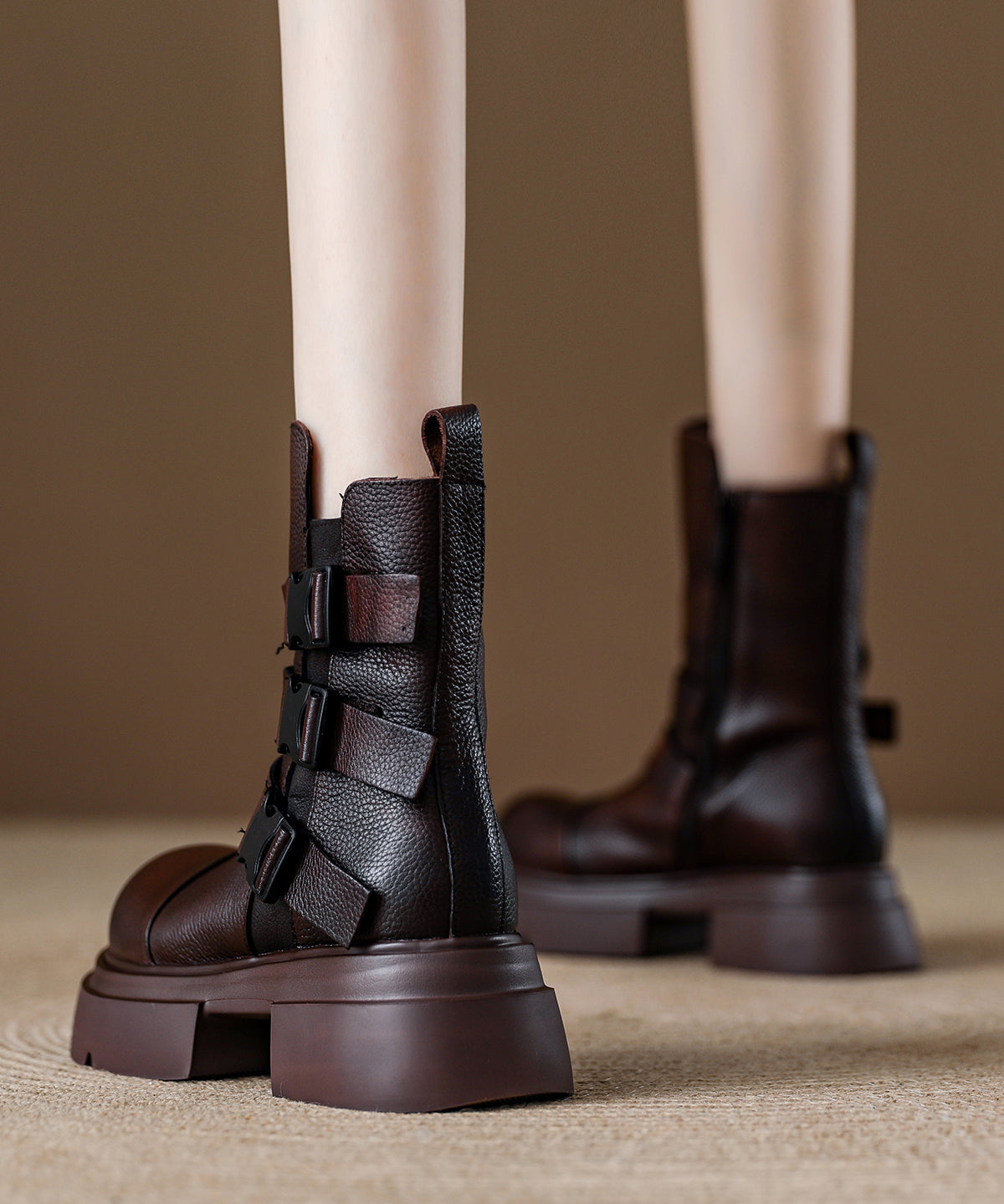 Chocolate Buckle Strap Splicing Platform Boots