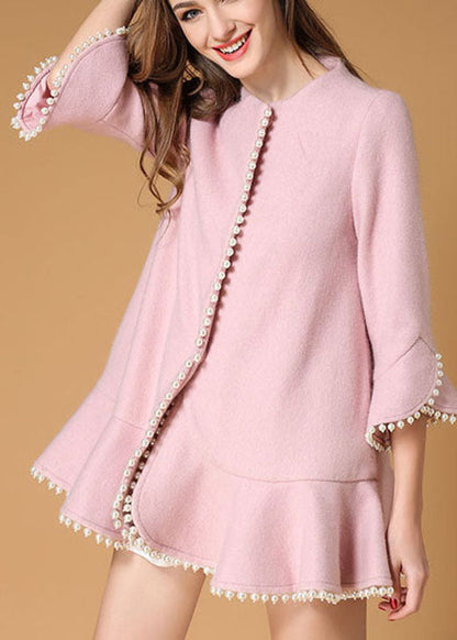 Pink Pockets Nail Bead Fall Woolen Coat