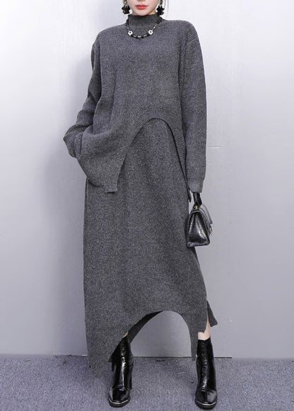 Grey High Neck Side Open Knit Two Pieces Set Winter