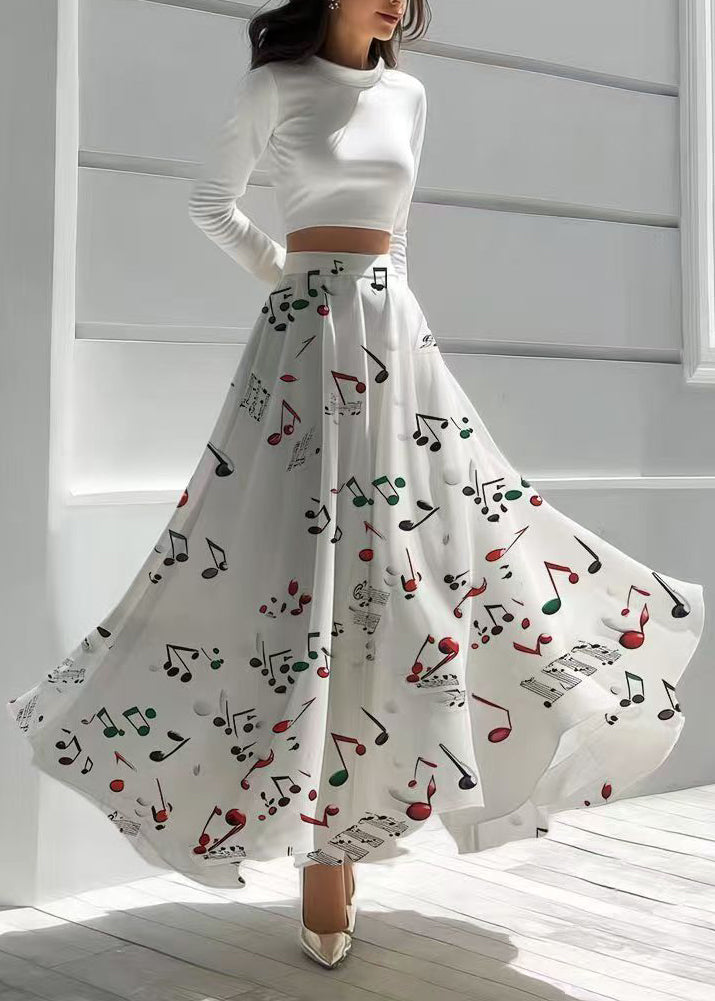 White Musical Note Print Chiffon Skirts Holiday Summer