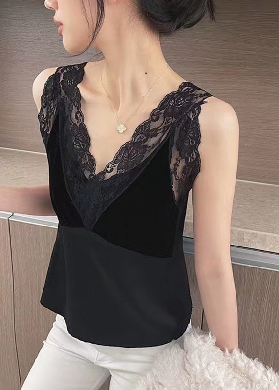 Black Lace Patchwork Silk Tanks Sleeveless