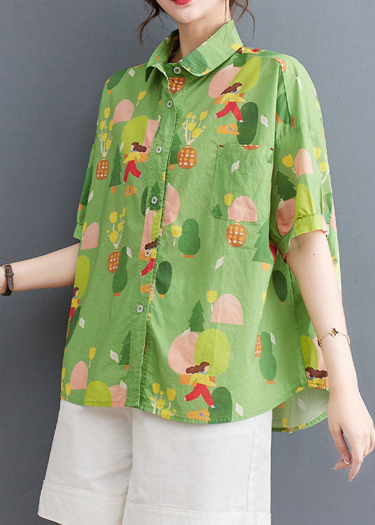 Green Peter Pan Collar Print Patchwork Cotton Shirt Tops Summer