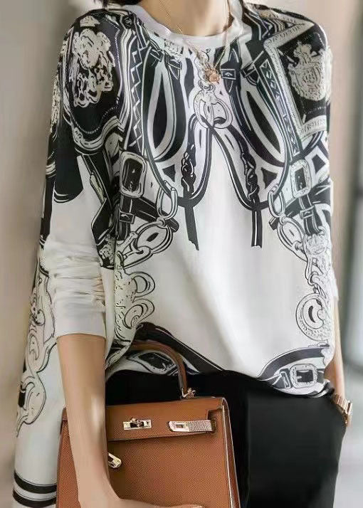 White O Neck Print Patchwork Silk T Shirt Top Spring
