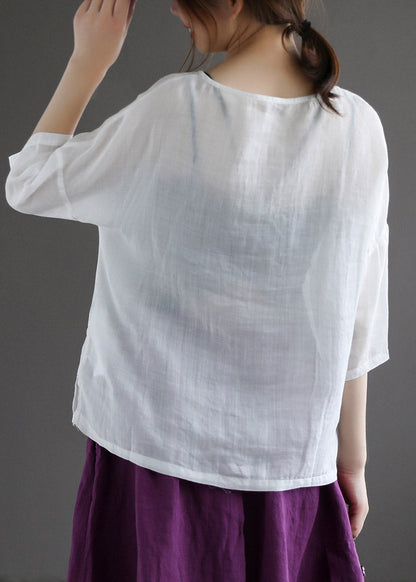 Loose Coffee O-neck Embroideried Button Linen Shirt Half Sleeve