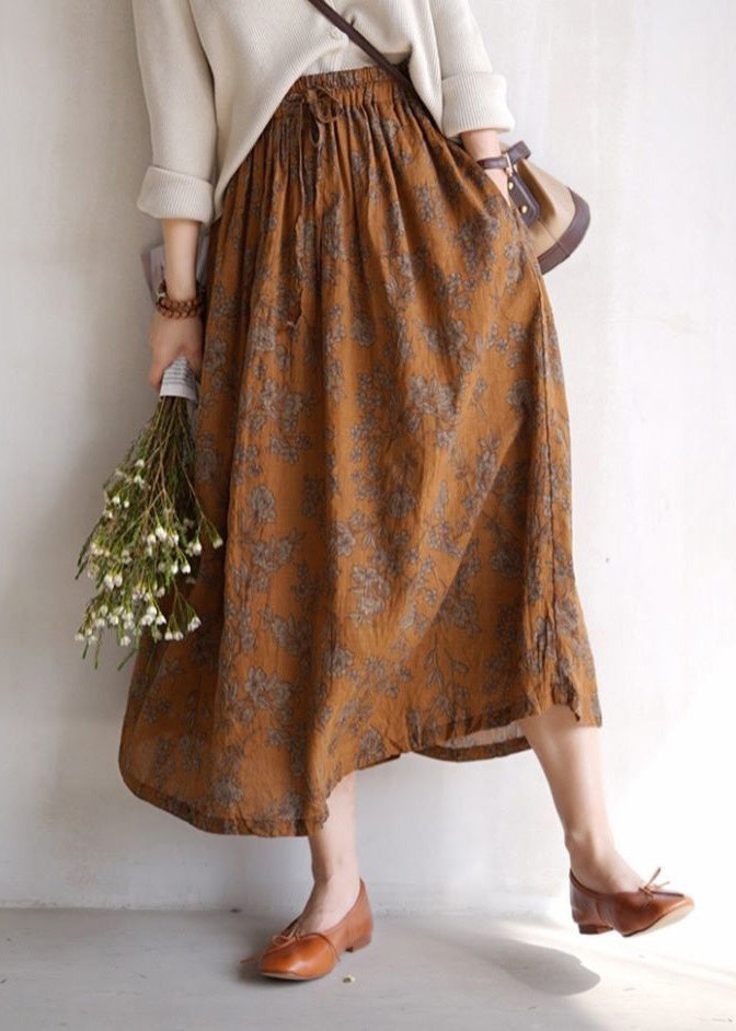 Coffee Print Pockets Elastic Waist Cotton Skirts Spring