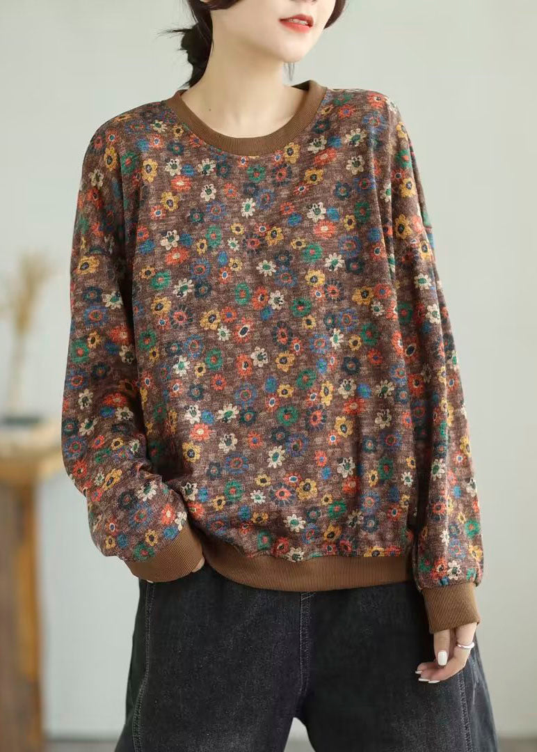 Khaki O-neck Print Cotton Knit Sweaters Fall