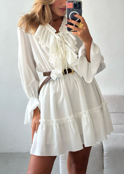 White Lace Up Cotton Mid Dress Ruffled Spring