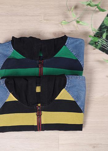 Hooded Sring Shirts Green Striped Tops