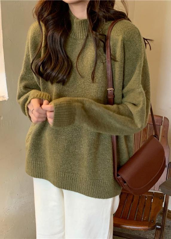Comfy Fall Green Knit Sweat Tops High Neck Knit Blouse