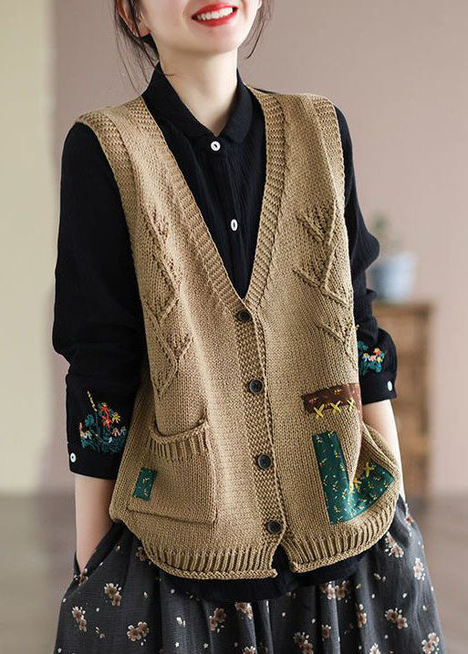 Khaki Patchwork Knit Vest Applique Pockets Spring