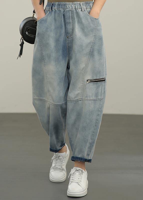 Natural Blue High Waist Zippered Harem Summer Pants