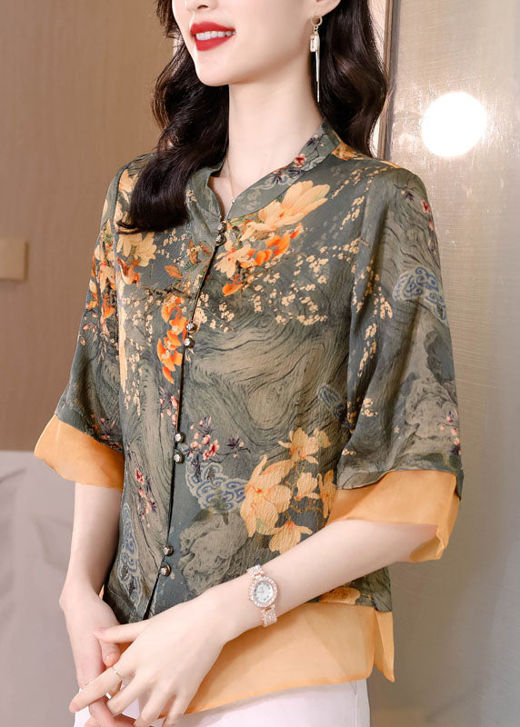 Slim Fit Light Green O-neck Print Button Tulle Patchwork Silk Blouse Tops Short Sleeve
