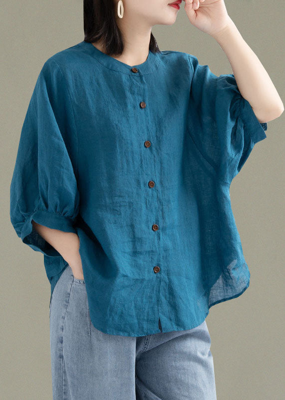 Art White Patchwork O-neck Button Linen Loose Shirt Top Lantern Sleeve