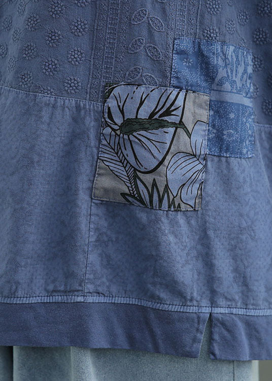 Natural Blue Loose O-neck Print Fall Tee Half Sleeve