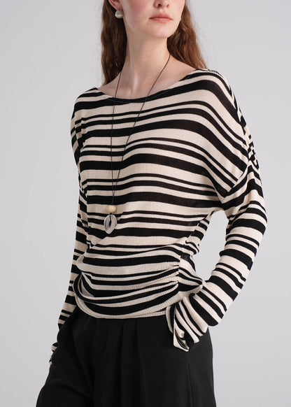 Brown O Neck Striped Knit Blouse Top Fall