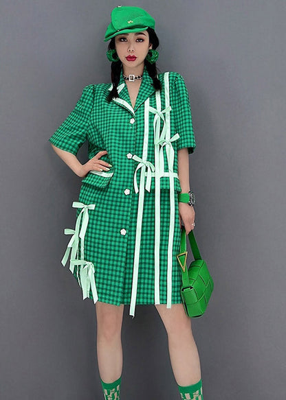 Green Peter Pan Bow Collar Plaid Button Shirt Short Sleeve