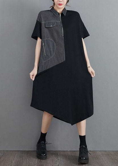 Classy Grey Patchwork Peter Pan Collar Pockets Long Summer Cotton Dress