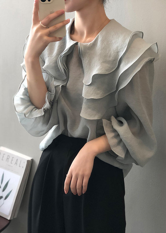 New Light Blue Ruffled Puff Sleeve Patchwork Shirt Top