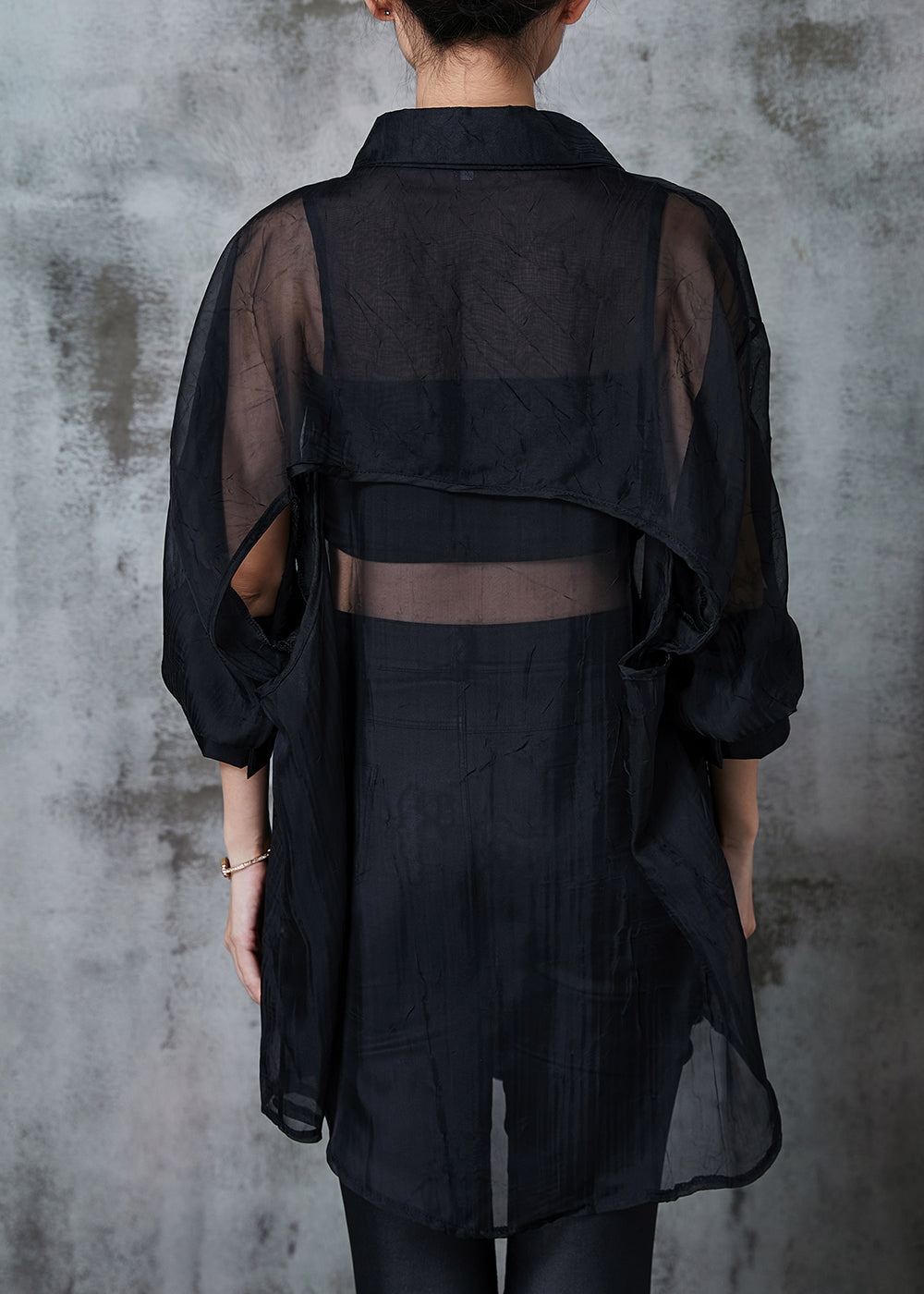 Black Oversized Back Hollow Out Tulle Long Shirts Summer