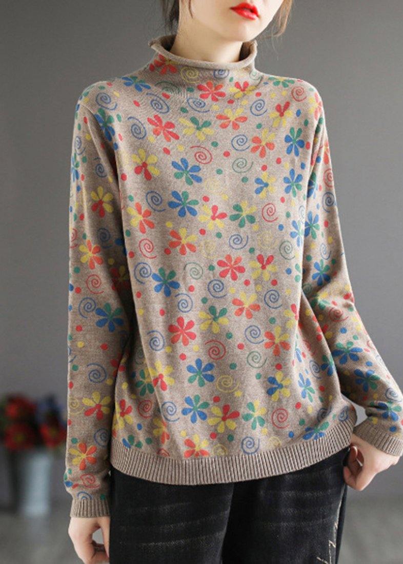 Khaki Print Sweater Tops High Neck Spring Knitwear
