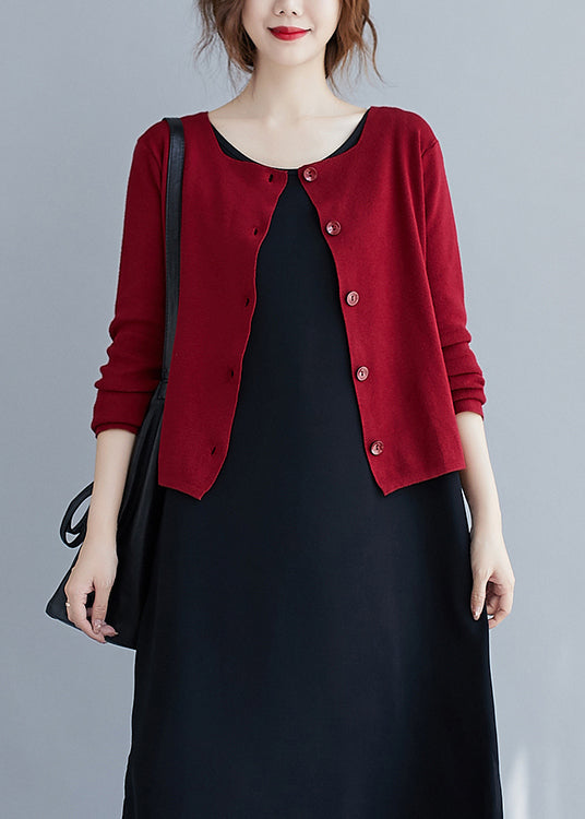 Red O Neck Button Patchwork Knitting Cotton Cardigan Fall