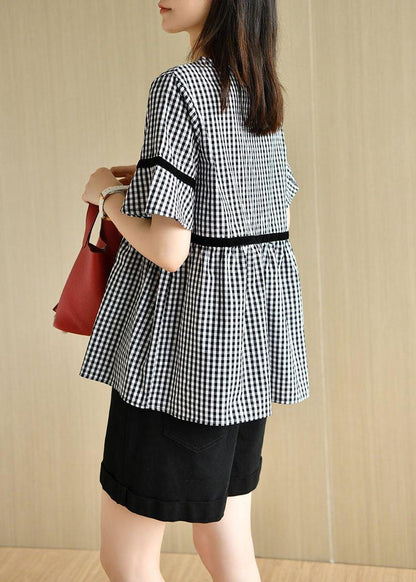 French Black White Plaid V Neck Summer Cotton Top Short Sleeve