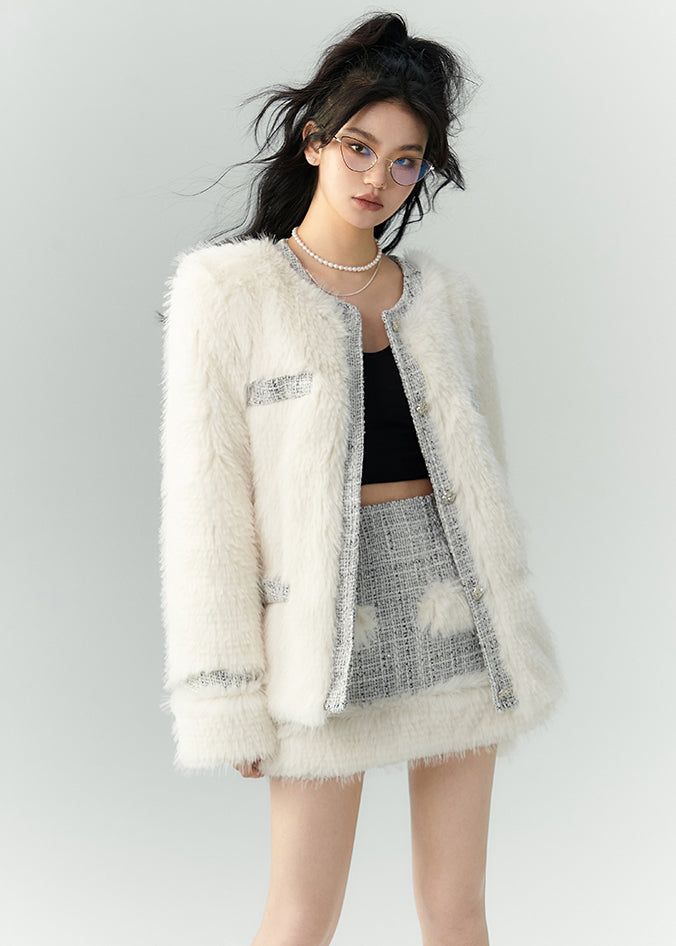 Italian White Button Coats and Skirts Leather and Furtwo Pieces Set Winter